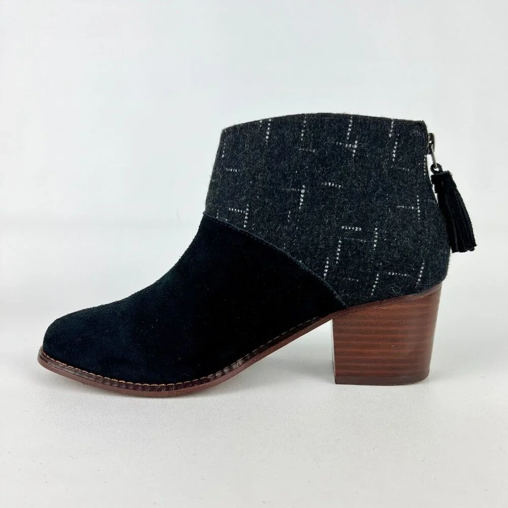 Toms Womens Leila Ankle Boot Black Suede Dotted Wool Back Zip Tassel size 8